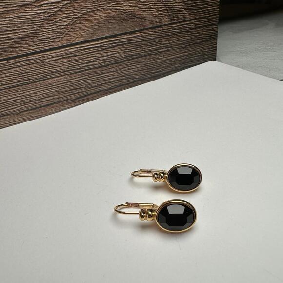 Napier Oval Black Rhinestone Gold Tone Leverback Pierced Earrings - Picture 7 of 9